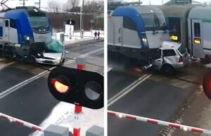 A polícia assiste impotente enquanto o carro é destruído por dois trens na passagem de nível na Polônia