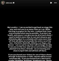 Demi Lovato cancela datas da turnê “To Protect My Health” e adia início da turnê ‘It’s Not That Deep’: “I Have Overextended What May Be Possible”