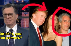 "Coma merda, seu pervertido morto." Stephen Colbert acabou de reagir por estar nos arquivos de Epstein, e puta merda