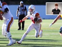 O jogador do Calgary Dinos, Gavin Weiss, desfila na passarela da Gucci