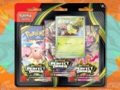 O Pokémon TCG Perfect Order Chikorita 3-Pack Blister está abaixo do preço de mercado na Amazon