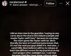 Zara Larsson diz que “ninguém se importa” com as paradas musicais, mas “pessoas da indústria e talvez fãs de Taylor Swift”: “Ela é literalmente a melhor nisso”