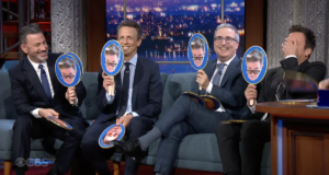 Stephen Colbert entrevistando Kimmel, Fallon, Meyers e Oliver ao mesmo tempo é um lindo caos