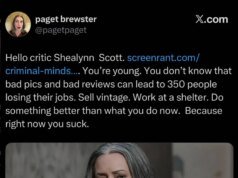 A estrela de ‘Criminal Minds’, Paget Brewster, diz ao jornalista de TV para ‘trabalhar em um abrigo’ após uma crítica mista, provocando indignação de outros críticos